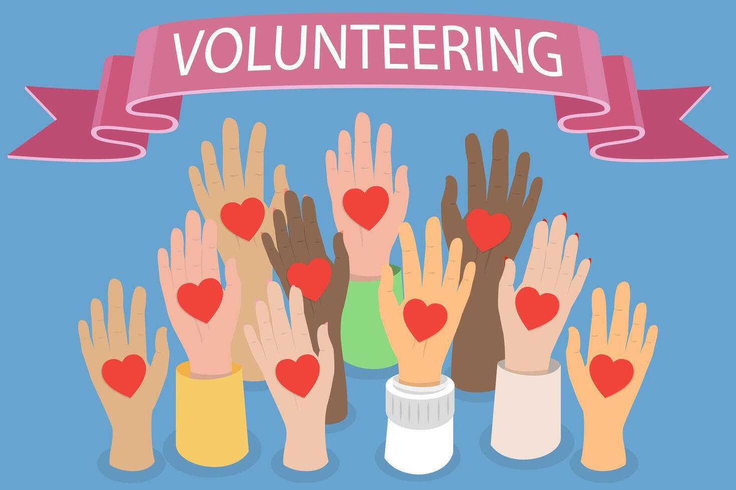 3D Isometric Flat Illustration of Volunteering, Gesture of Raised Hands with Red Heart Symbol vector