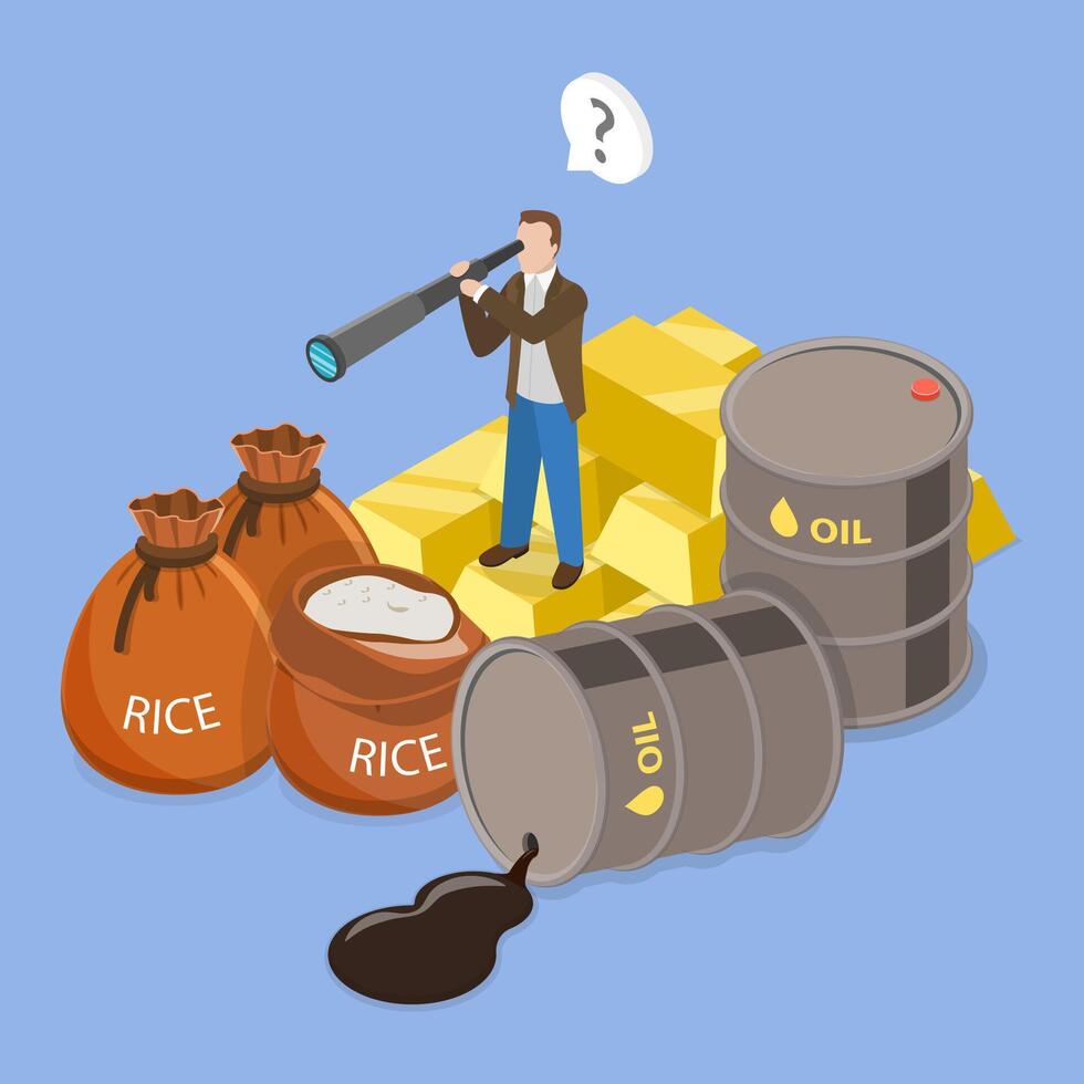 3D Isometric Flat Illustration of Forecast In World Economy, Agriculture, Oil, Gold Future Vision for Business Traders vector