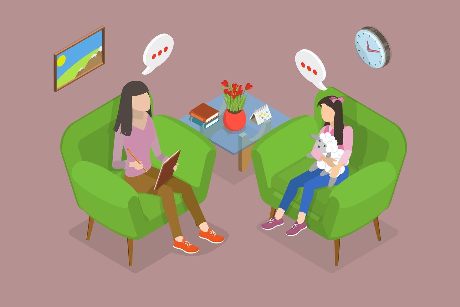 3D Isometric Flat Illustration of Child Counselor, Expert in Helping Children with Emotional Issues and Providing Support for Their Mental Wellbeing vector