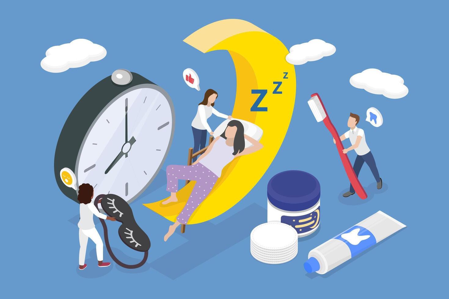 3D Isometric Flat Illustration of Bedtime Routine, Nighttime Rituals for Better Sleep vector