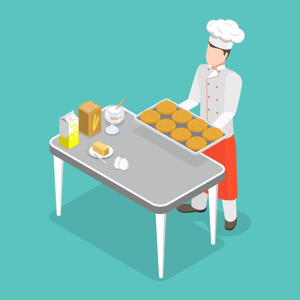 3D Isometric Flat Illustration of Man Baker, Professional Cooking vector