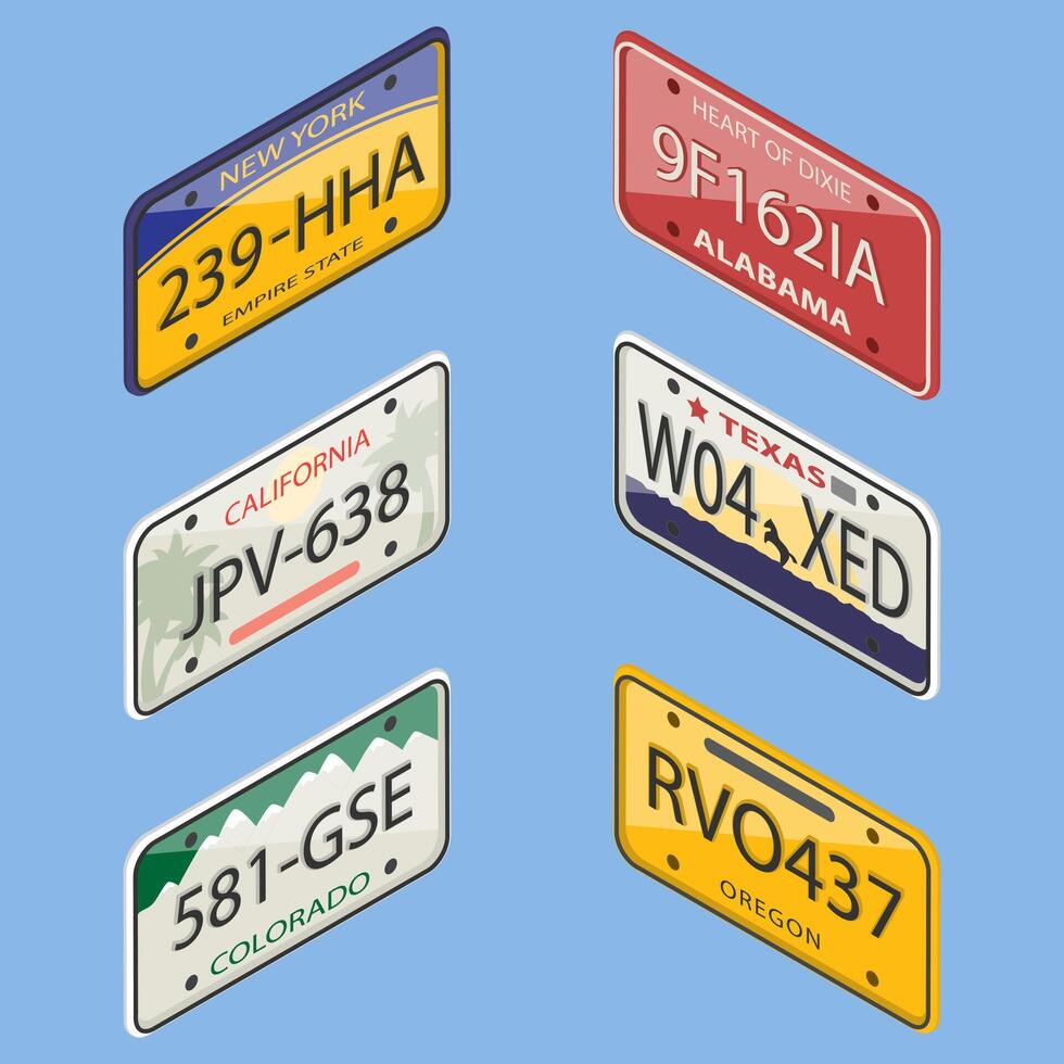 3D Isometric Flat Set of License Plates, Collection from Various US States vector