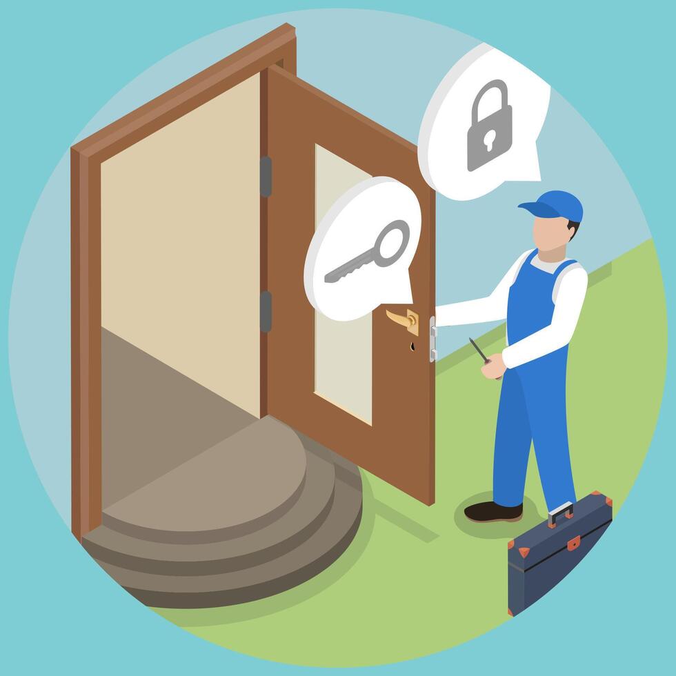 3D Isometric Flat Illustration of Professional Locksmith Repairing, Fixing Door Lock with Specialized Tools vector