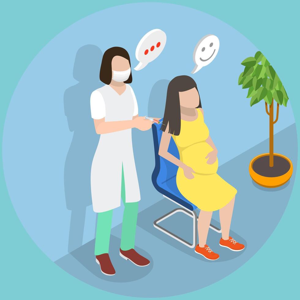 3D Isometric Flat Illustration of Vaccination Of Pregnant Women, Getting Vaccine Shot vector