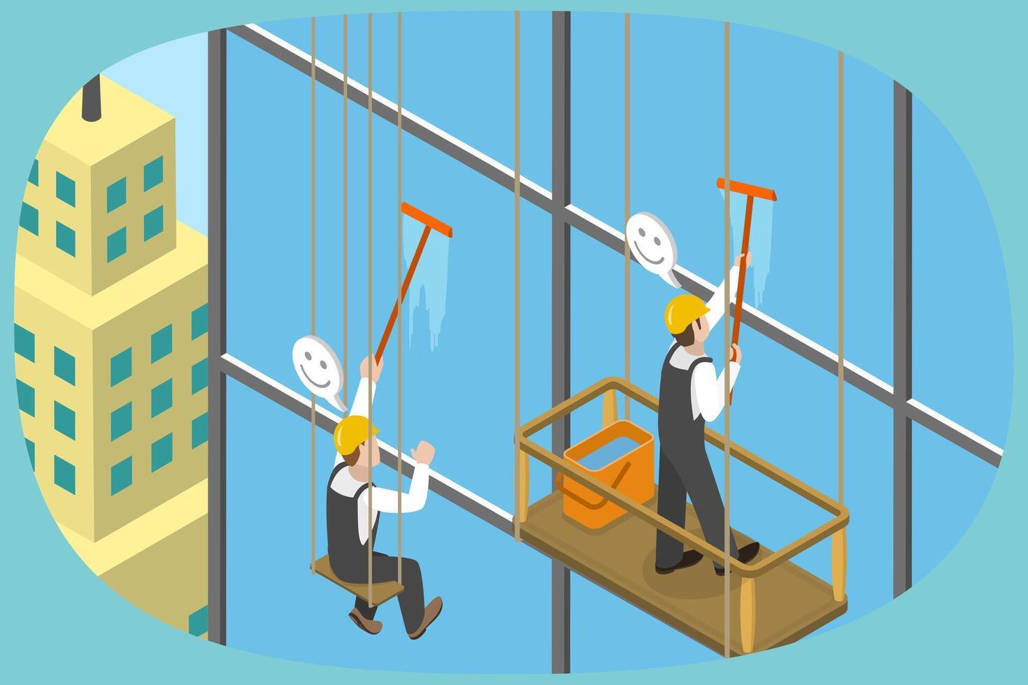 3D Isometric Flat Illustration of Cleaning Office Windows, Industrial Climbers Washing Windows at High Altitude vector