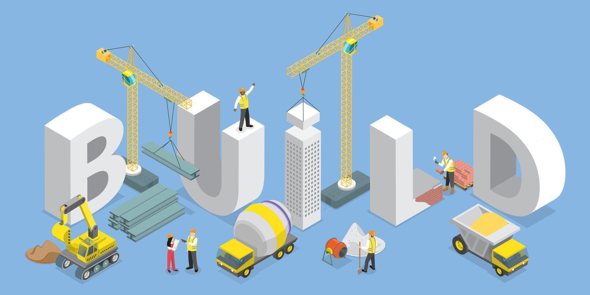 3D Isometric Flat Illustration of Building, Costruction Site and Work Process vector