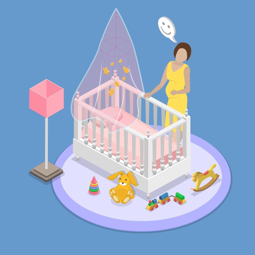3D Isometric Flat Illustration of Pregnancy, Joyful Pregnant Woman Relaxing Near Babys Crib vector