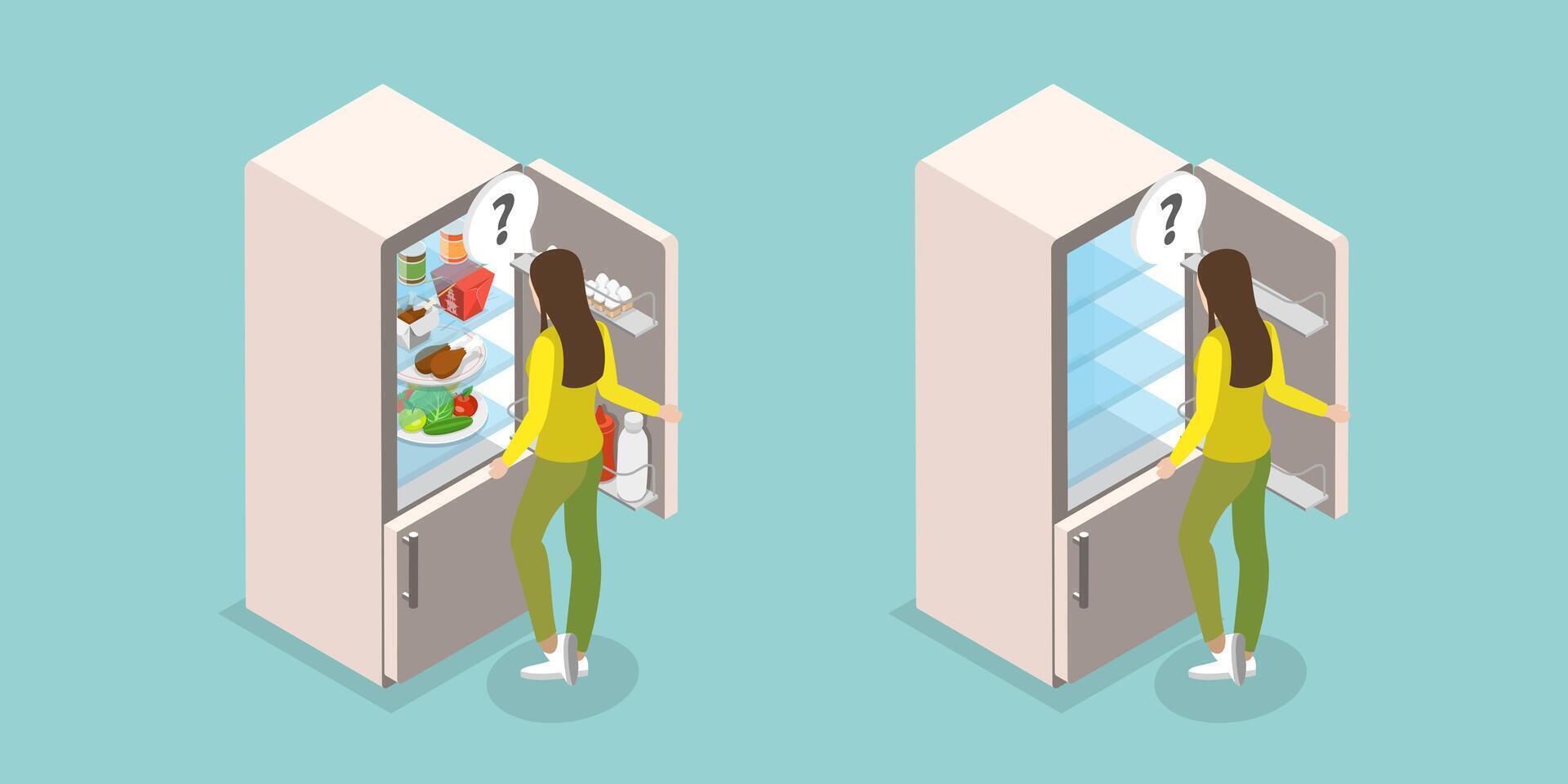 3D Isometric Flat Illustration of Full And Empty Refrigerator, Kitchen Furniture and Elements vector