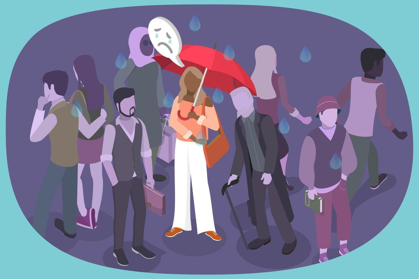 3D Isometric Flat Illustration of Anxiety, Alone in a Sea of Faces, Woman Feeling Isolated in Crowd vector