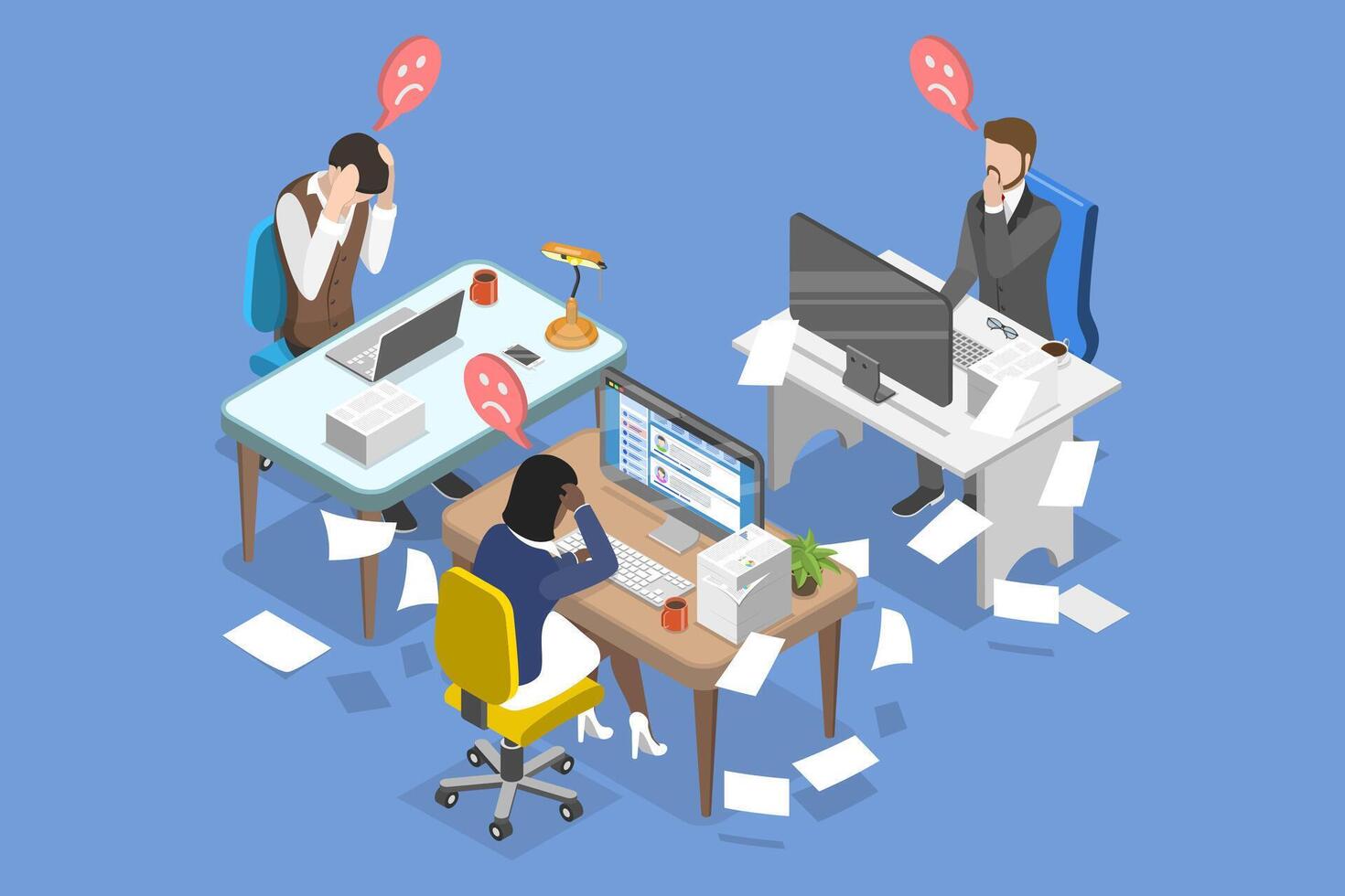 3D Isometric Flat Illustration of Worried Businessmen, Sad and Tired Employee Overloaded with Work vector