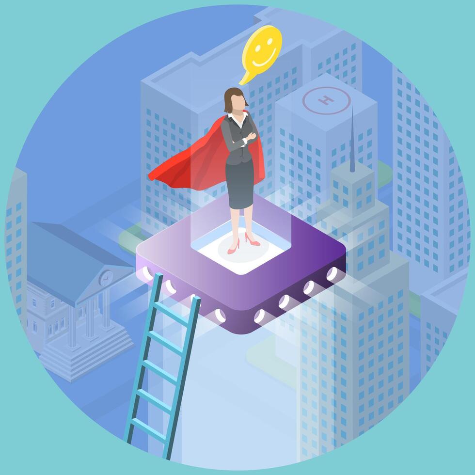 3D Isometric Flat Illustration of Super Businesswoman, Woman Standing on a Top Overlooking Cityscape vector