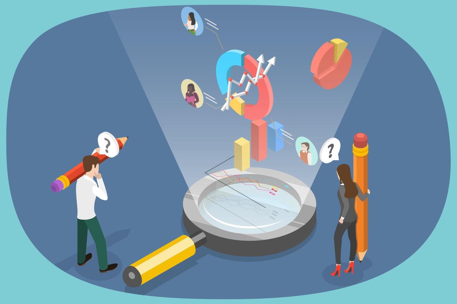 3D Isometric Flat Illustration of Market Research, Competitor Analysis, and Social Media Reports vector