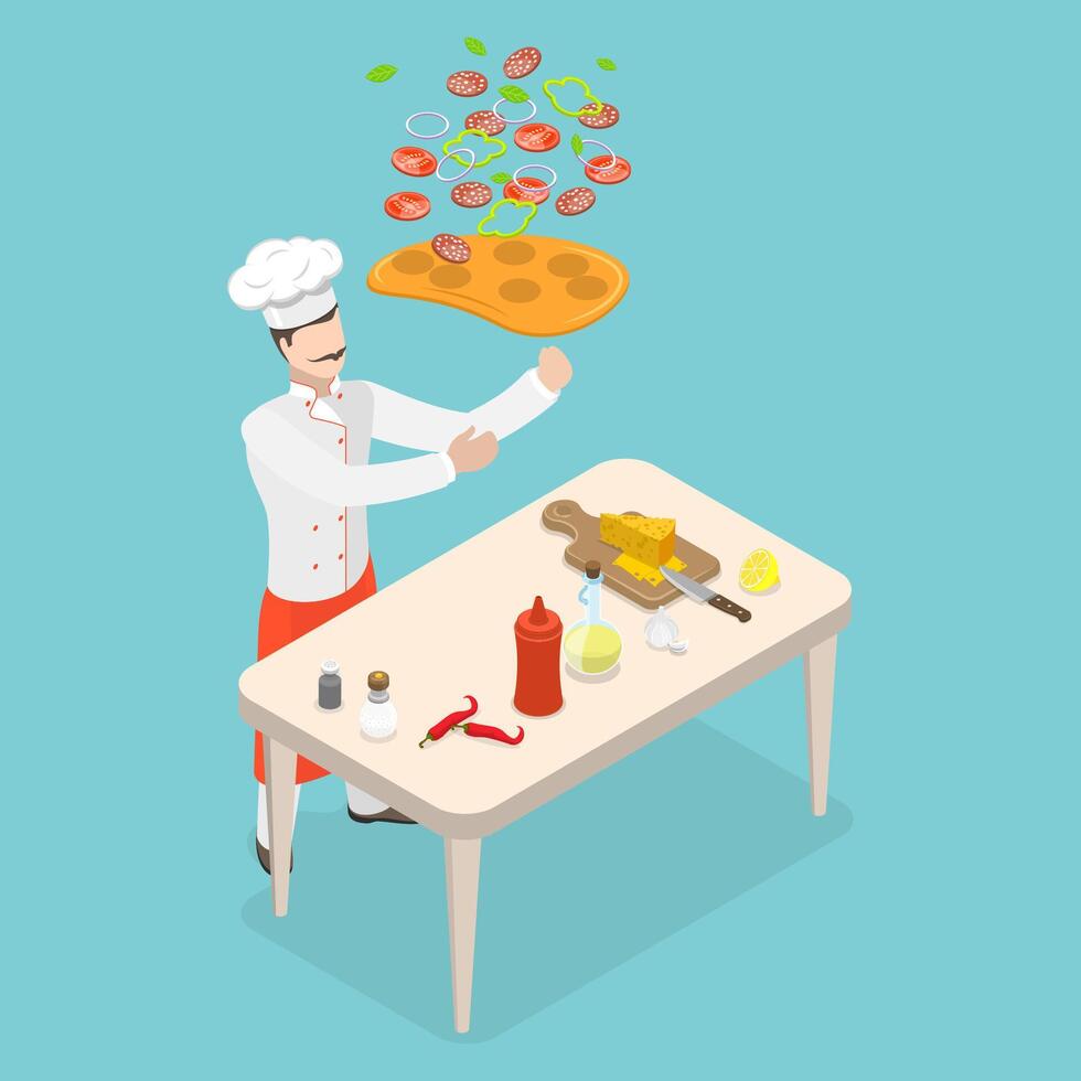 3D Isometric Flat Illustration of Pizza Making, Pizzaiolo Throwing Dough vector