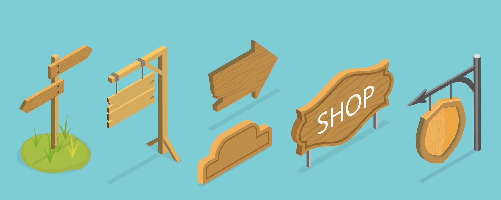 3D Isometric Flat Set of Signboard Collection, Wooden Billboards vector