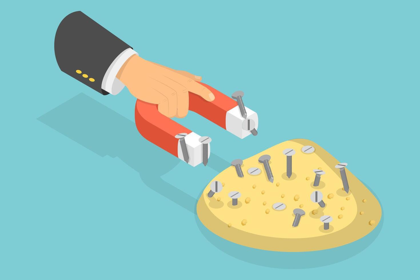 3D Isometric Flat Illustration of Separating Iron Filings from Sand with a Magnet, Magnet Horseshoe vector