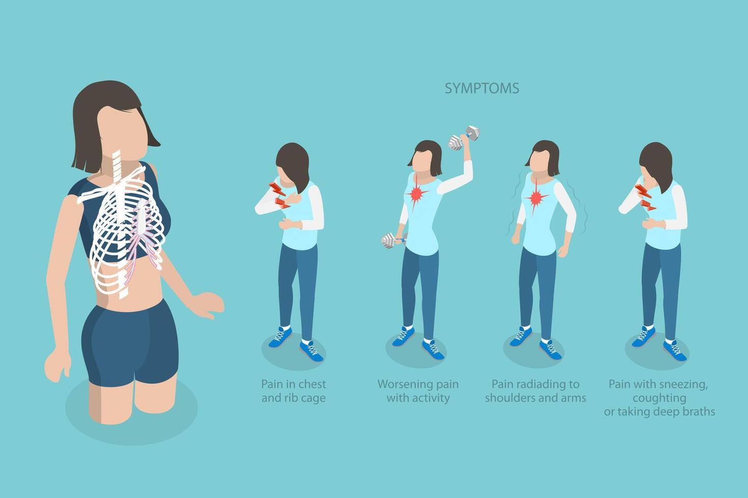 3D Isometric Flat Illustration of Costochondritis, Chest Pain in the Upper and Middle Rib Cage vector