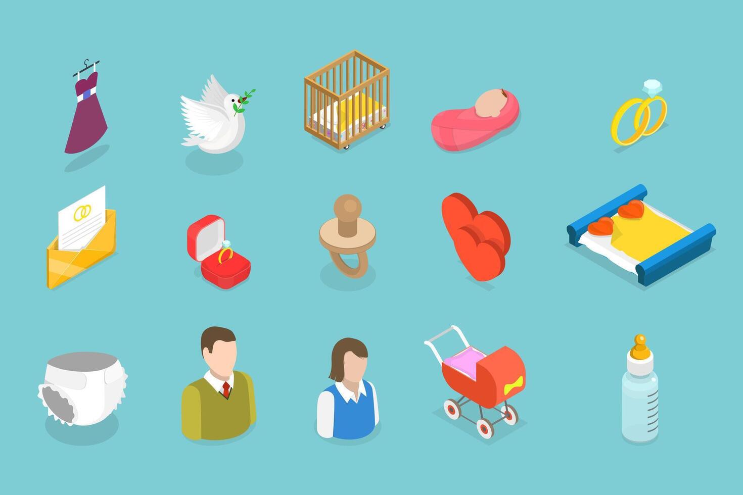 3D Isometric Flat Illustration of Family Accessories Collection, Furniture and Decor vector
