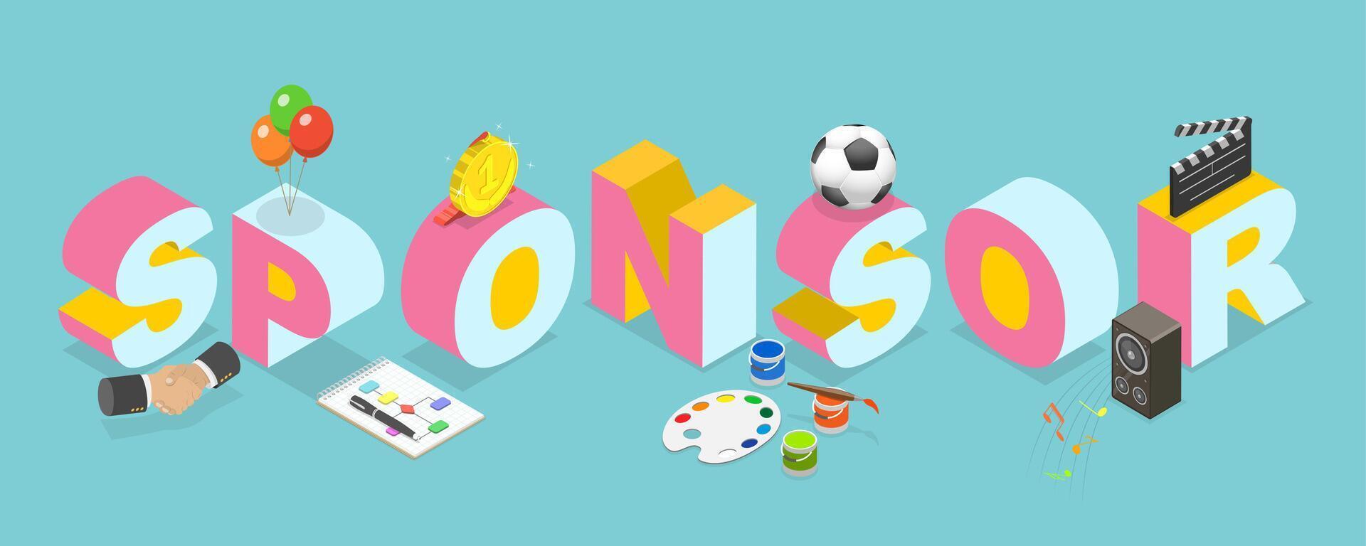 3D Isometric Flat Illustration of Sponsor, Supporting Art, Music, Sport Projects vector