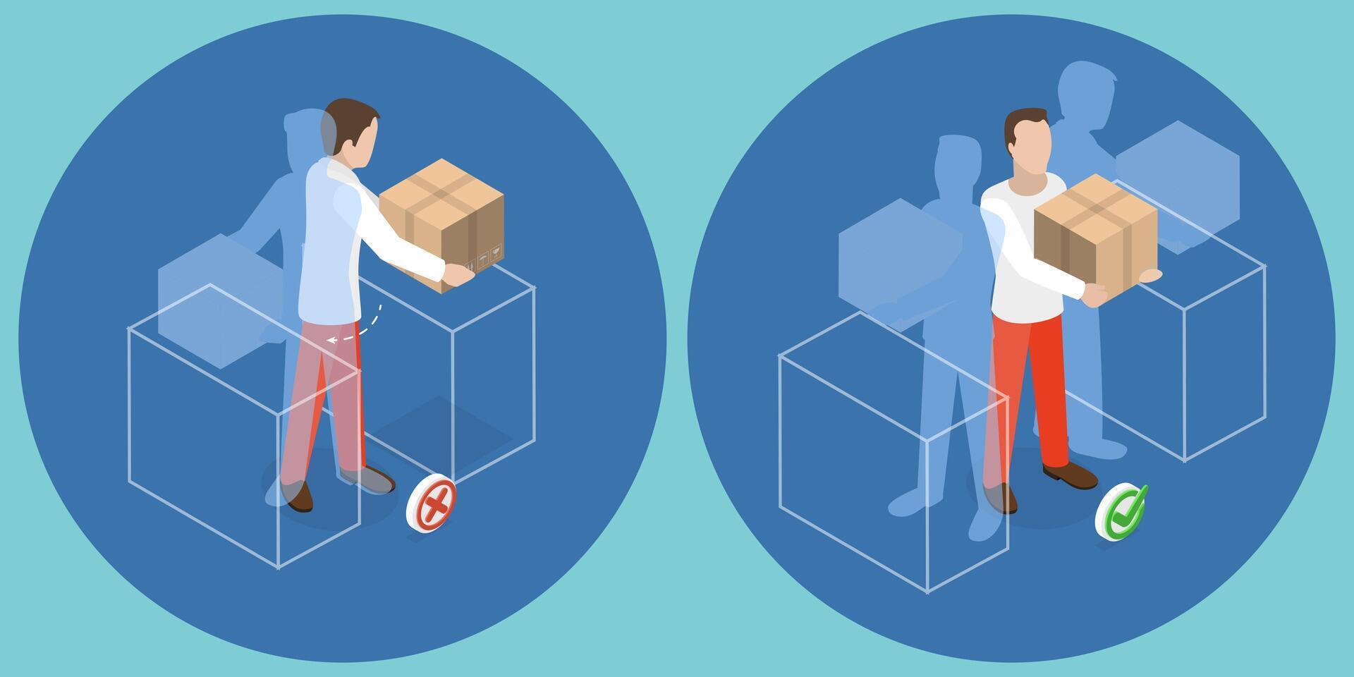 3D Isometric Flat Illustration of Load Handling In Workplace, Safe Way of Manual Lifting of Weights vector
