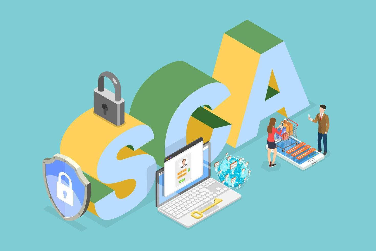 3D Isometric Flat Illustration of SCA, Strong Customer Authentication vector