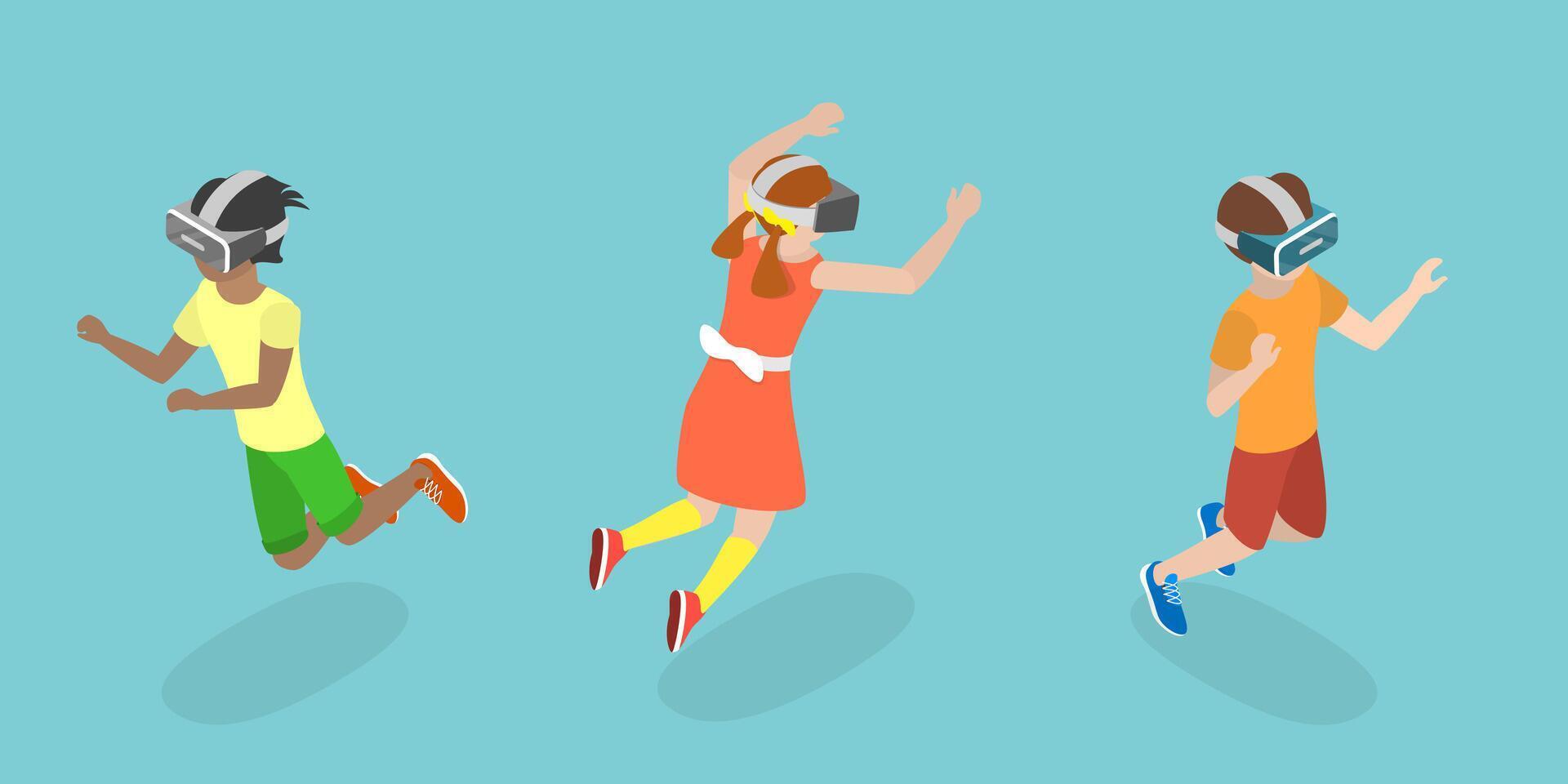 3D Isometric Flat Illustration of Kids In Virtual Reality , Happy Teenagers Gamers with VR Glasses vector