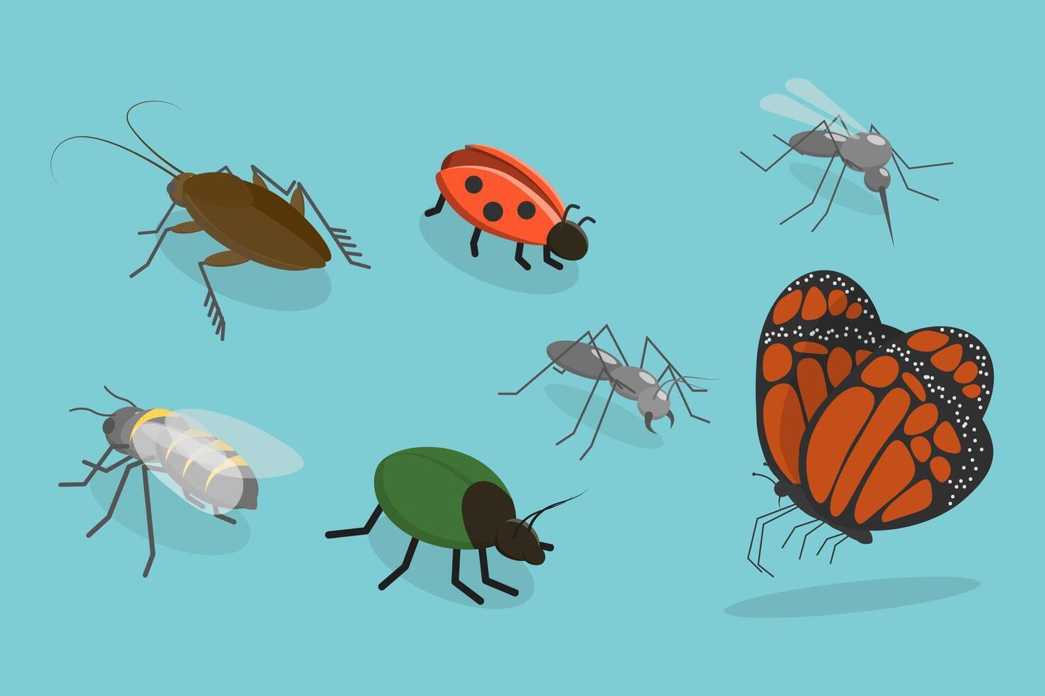 3D Isometric Flat Set of Insects, Bug, Mosquito, Fly, Cockroach, Butterfly vector