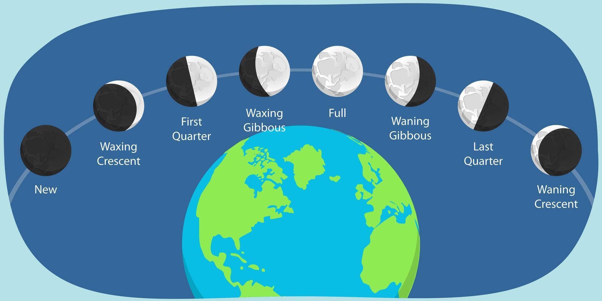 3D Isometric Flat Illustration of Moon Phases, Lunar Stages vector