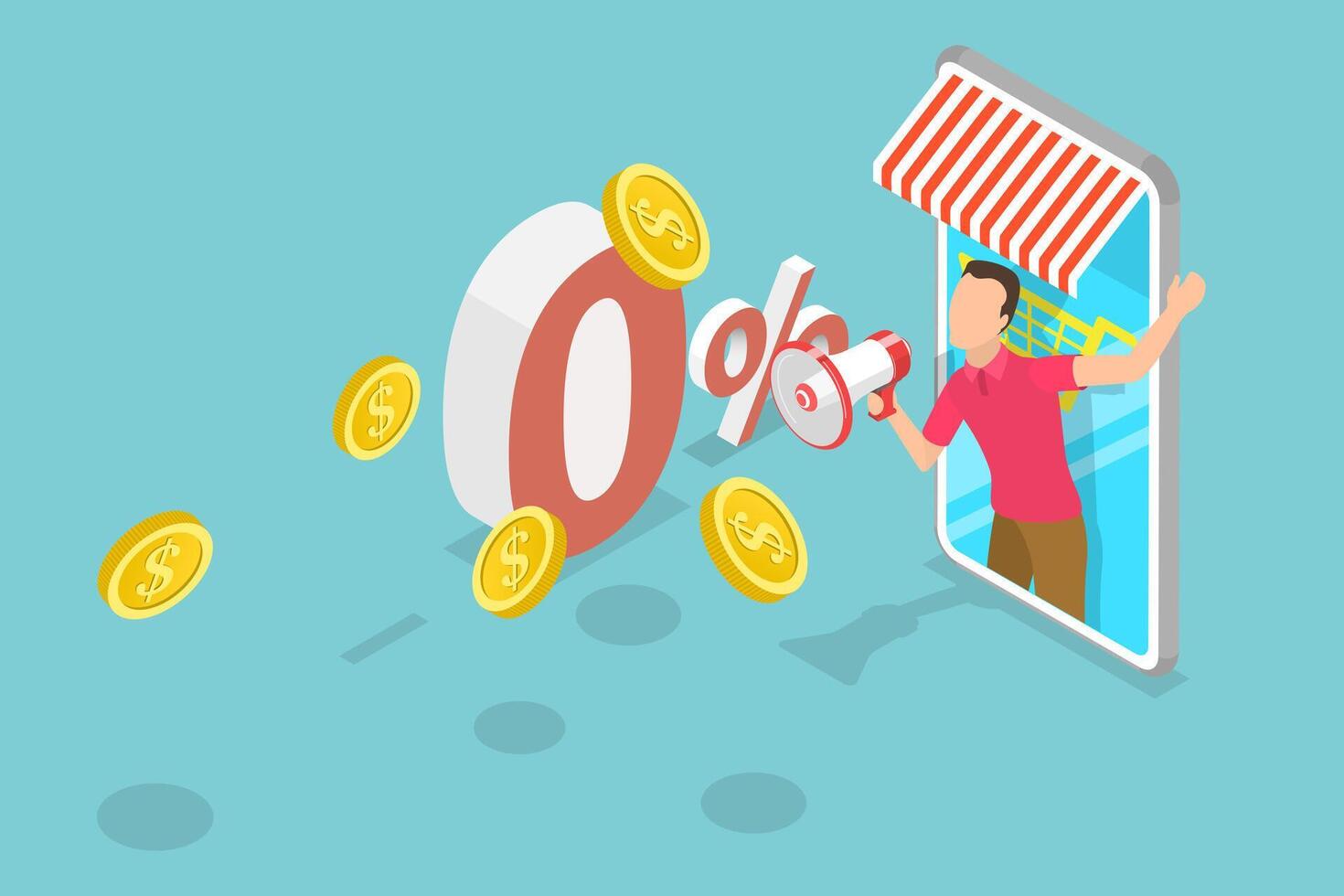 3D Isometric Flat Illustration of Zero Percent Interest Rate, Making Promotion vector