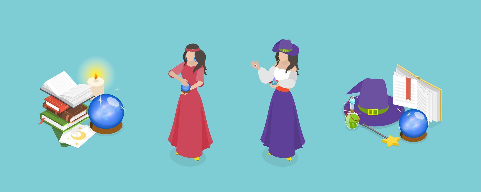 3D Isometric Flat Illustration of Fortune Teller, Destiny and Divination vector