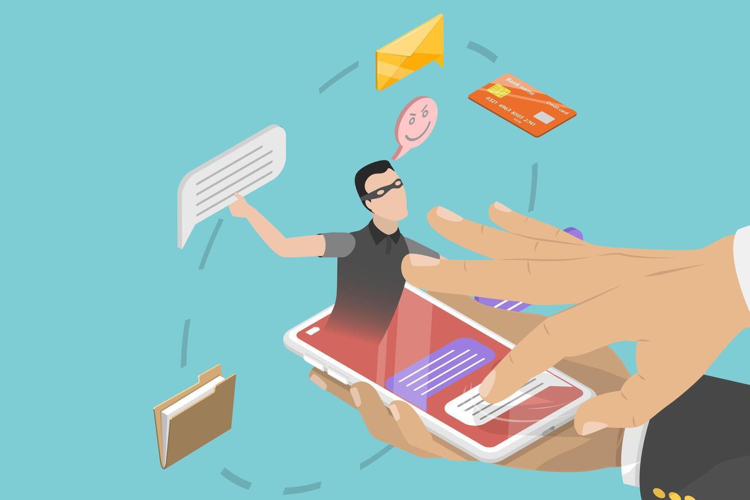 3D Isometric Flat Illustration of Cyber Fraud In Messenger, Smishing, SMS Phishing vector
