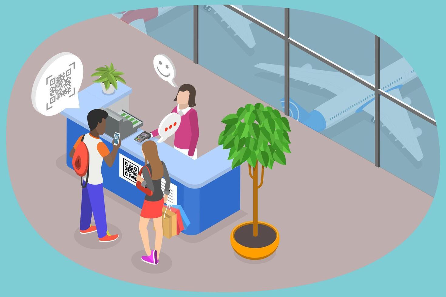 3D Isometric Flat Illustration of QR Code Check-in, Verification Process vector