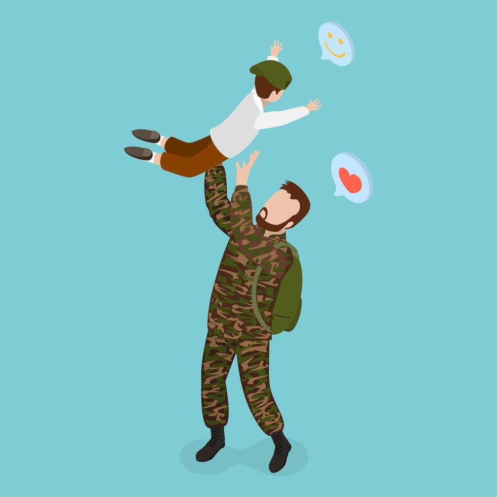 3D Isometric Flat Illustration of Soldier Returned Home, Back from Military Service vector