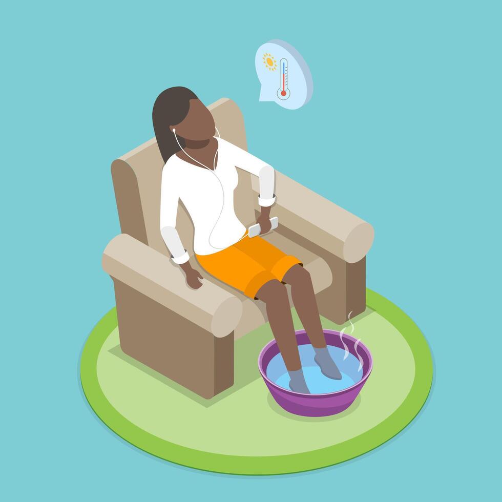 3D Isometric Flat Illustration of Warming Feet For Relaxation, Sickness Help vector