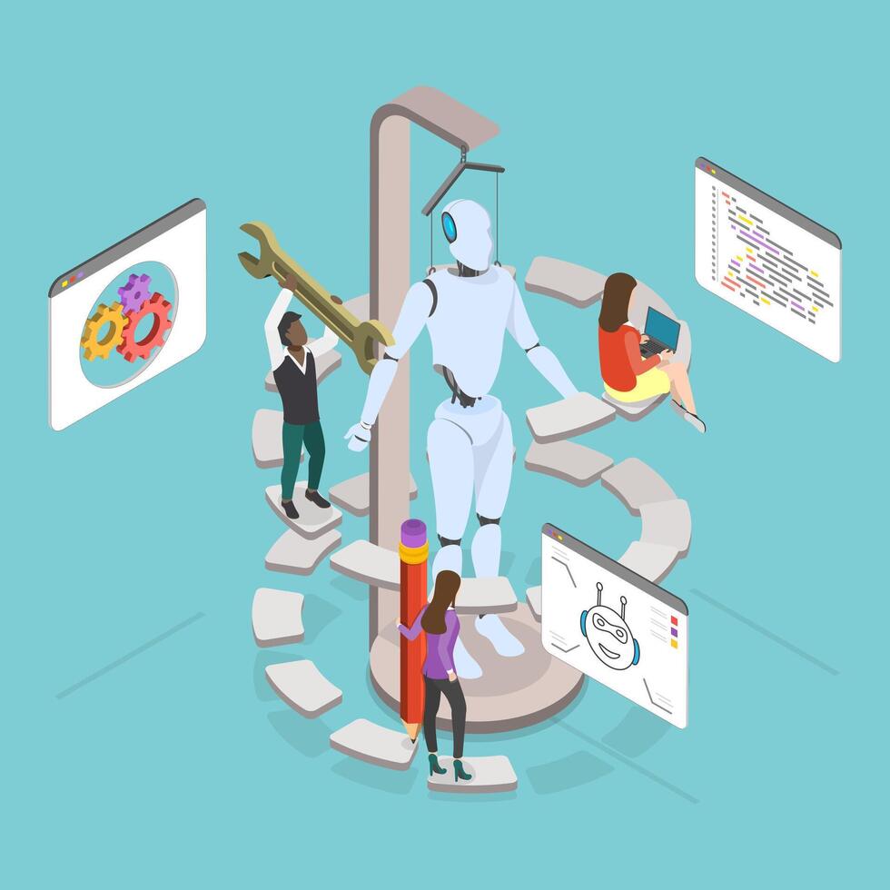 3D Isometric Flat Illustration of Robot Making Technology, Artificial Intelligence vector