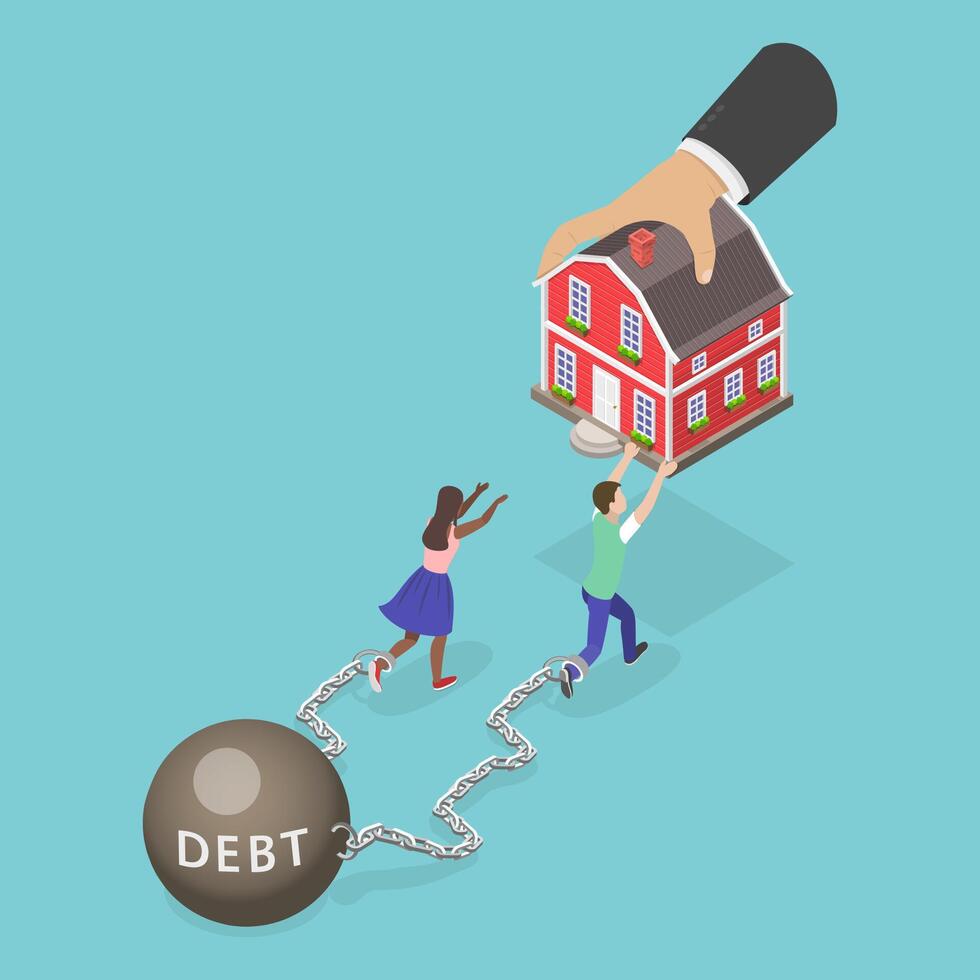 3D Isometric Flat Illustration of Eviction And Mortgage Debt, Fighting to Hold Back a House vector