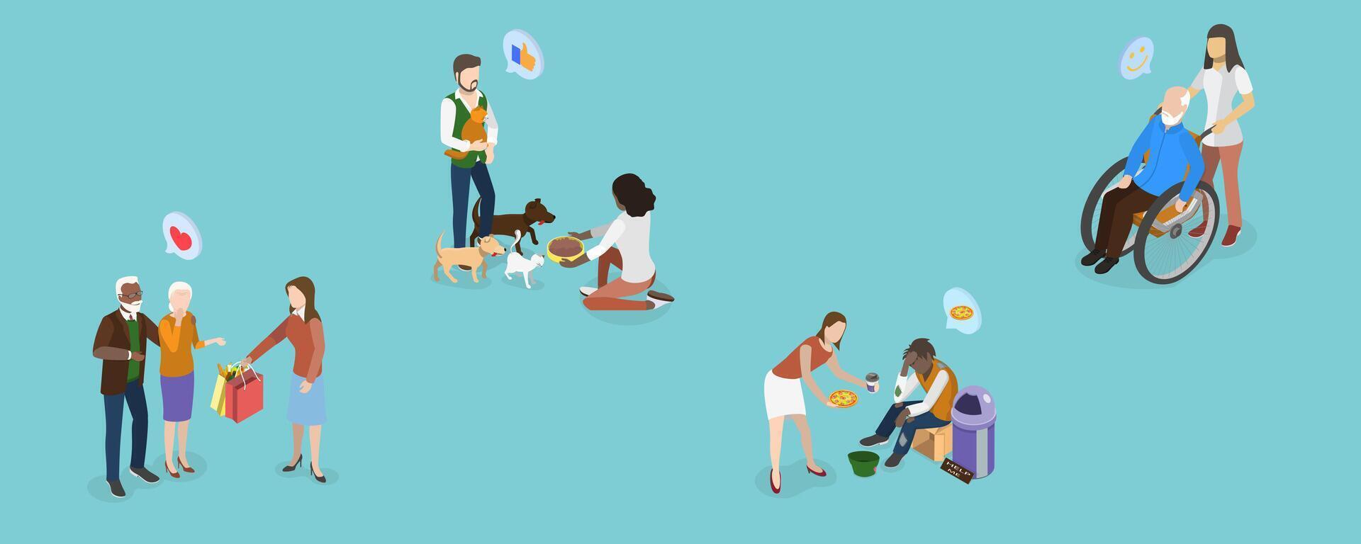 3D Isometric Flat Illustration of Social Help, Nursing and Voluteering vector