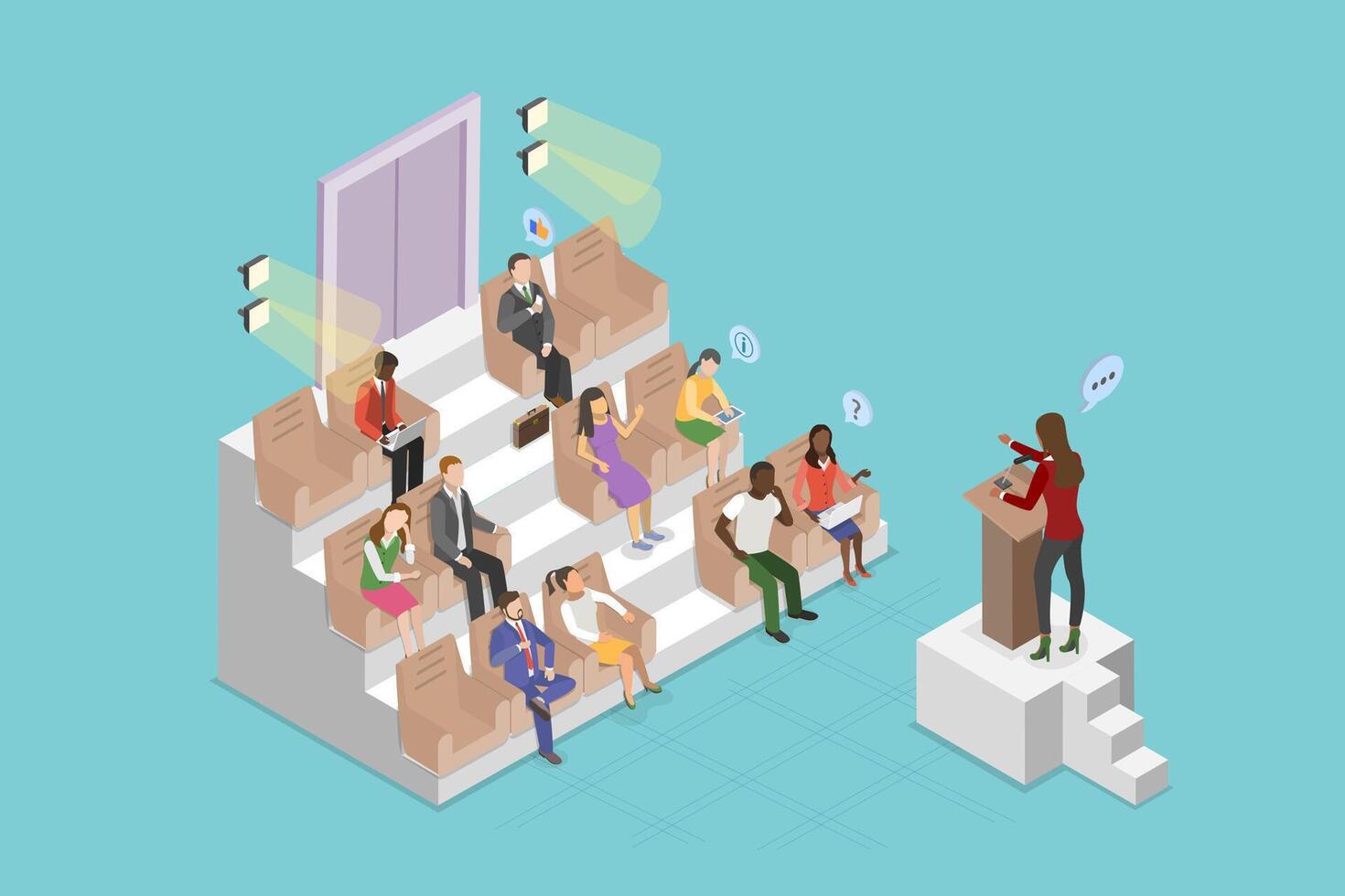 3D Isometric Flat Illustration of Conference, Seminar and Public Speaking and Event vector