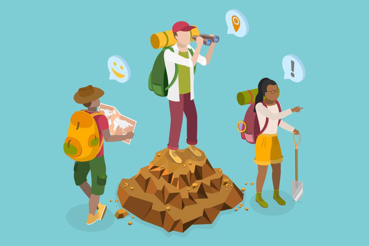 3D Isometric Flat Illustration of Happy Archeologists , Treasure Hunting vector