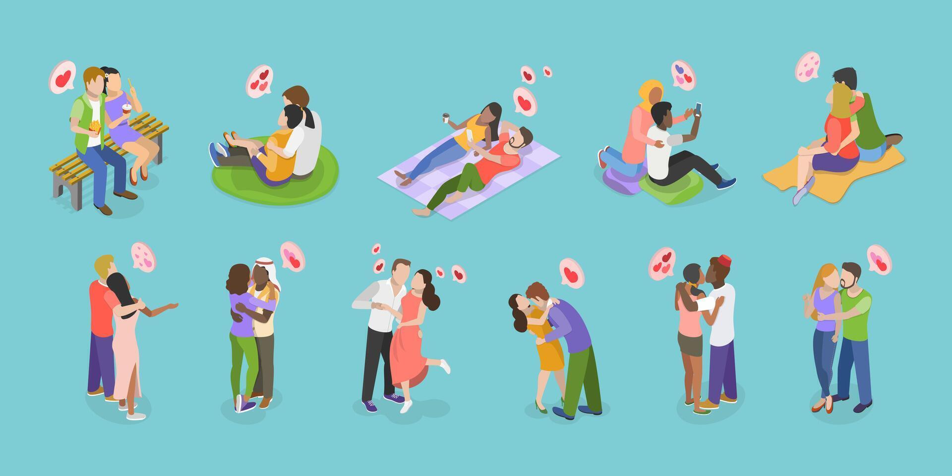 3D Isometric Flat Set of Lovers Couples, Adorable Romantic Scenes vector
