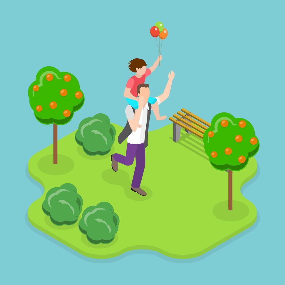 3D Isometric Flat Illustration of Happy Father And Son, Fun Leisure Time vector