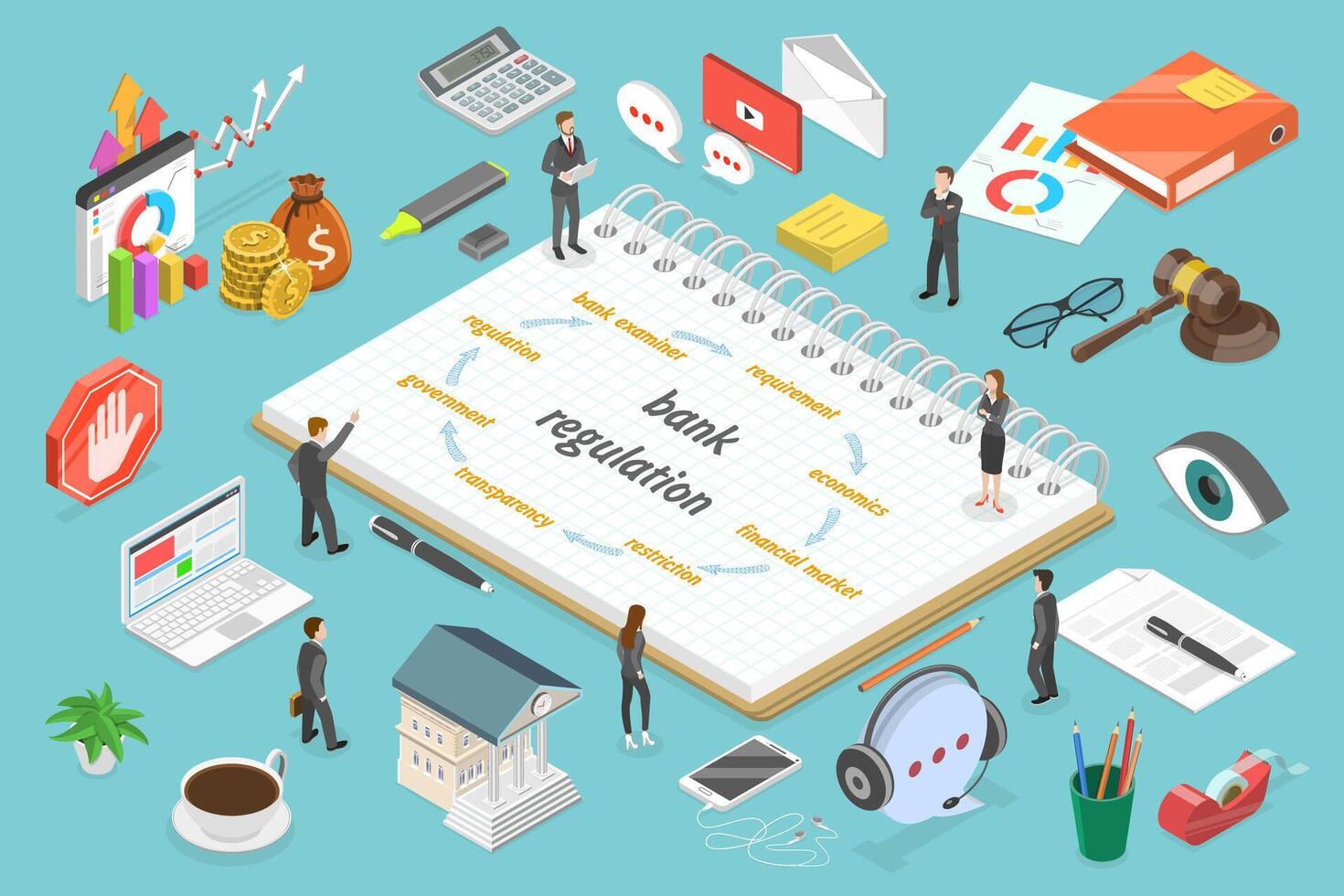 3D Isometric Flat Illustration of Bank Regulation, Banking Supervision vector