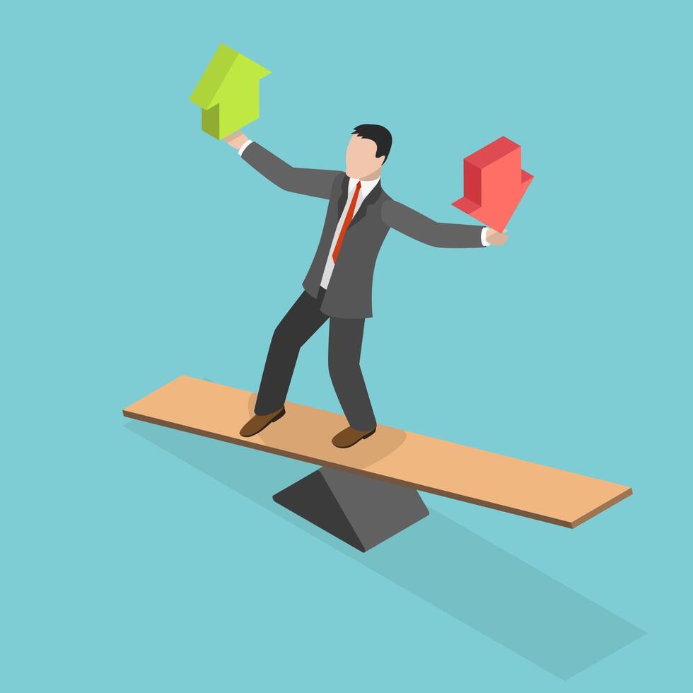 3D Isometric Flat Illustration of Loss And Gain On Investment, Volatility of Investing in the Stock Market vector