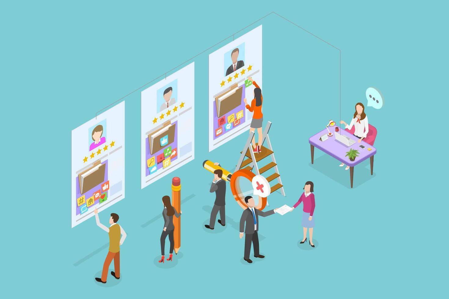 3D Isometric Flat Illustration of HR Profile, Job Recruitment Process vector