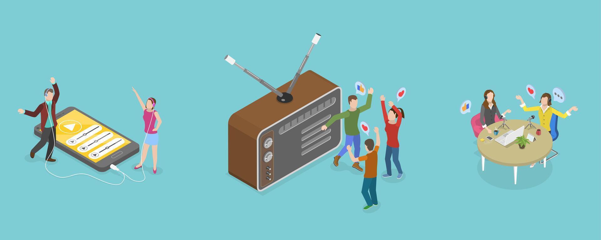 3D Isometric Flat Illustration of Podcast Making , Audio Podcasting vector