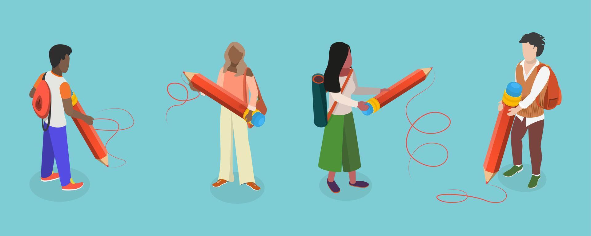 3D Isometric Flat Set of Students Holding Giant Pencil, Editors, Copywriters or Content Creators vector