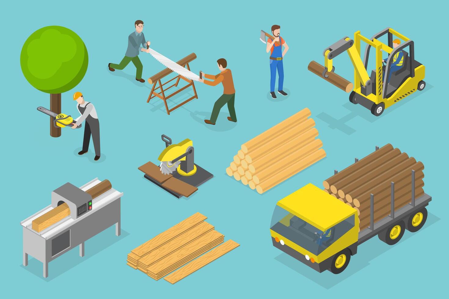 3D Isometric Flat Illustration of Timber Industry, Logging and Woodworking Process vector