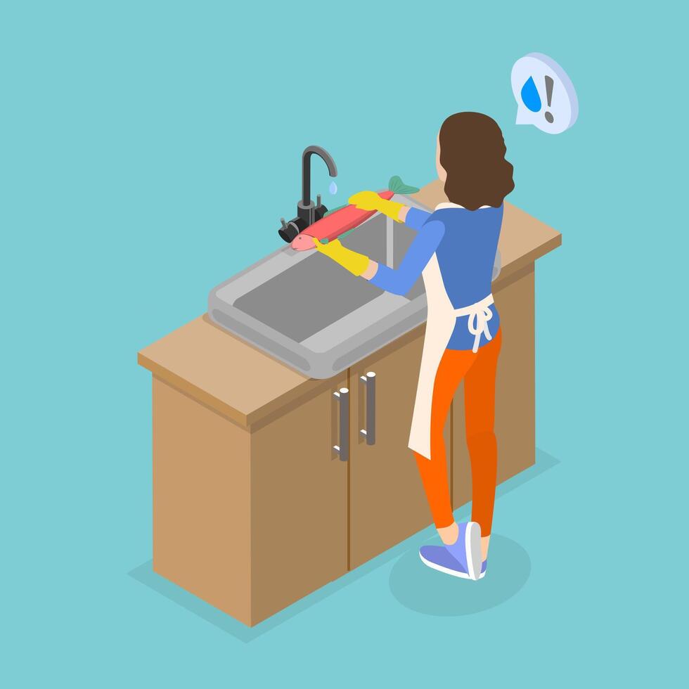 3D Isometric Flat Illustration of Cooking Hygiene, Washing Raw Products vector