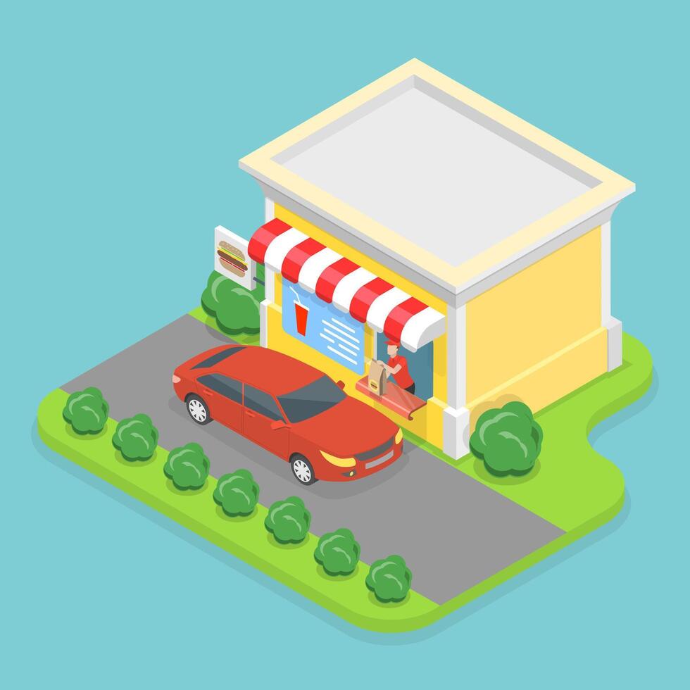 3D Isometric Flat Illustration of Drive Through Restaurant , Takeaway Foods and Drinks vector