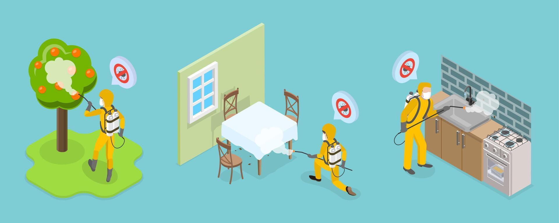 3D Isometric Flat Illustration of Pest Control Service, Home Hygiene Disinfection vector