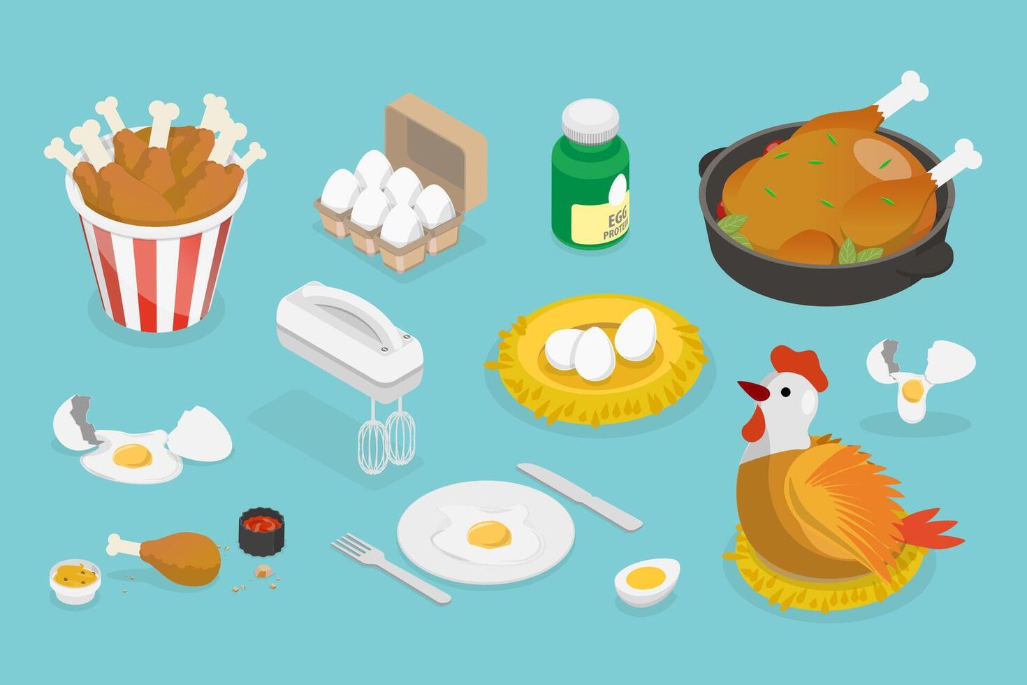 3D Isometric Flat Set of Chicken Products, Tasty Fast Food vector